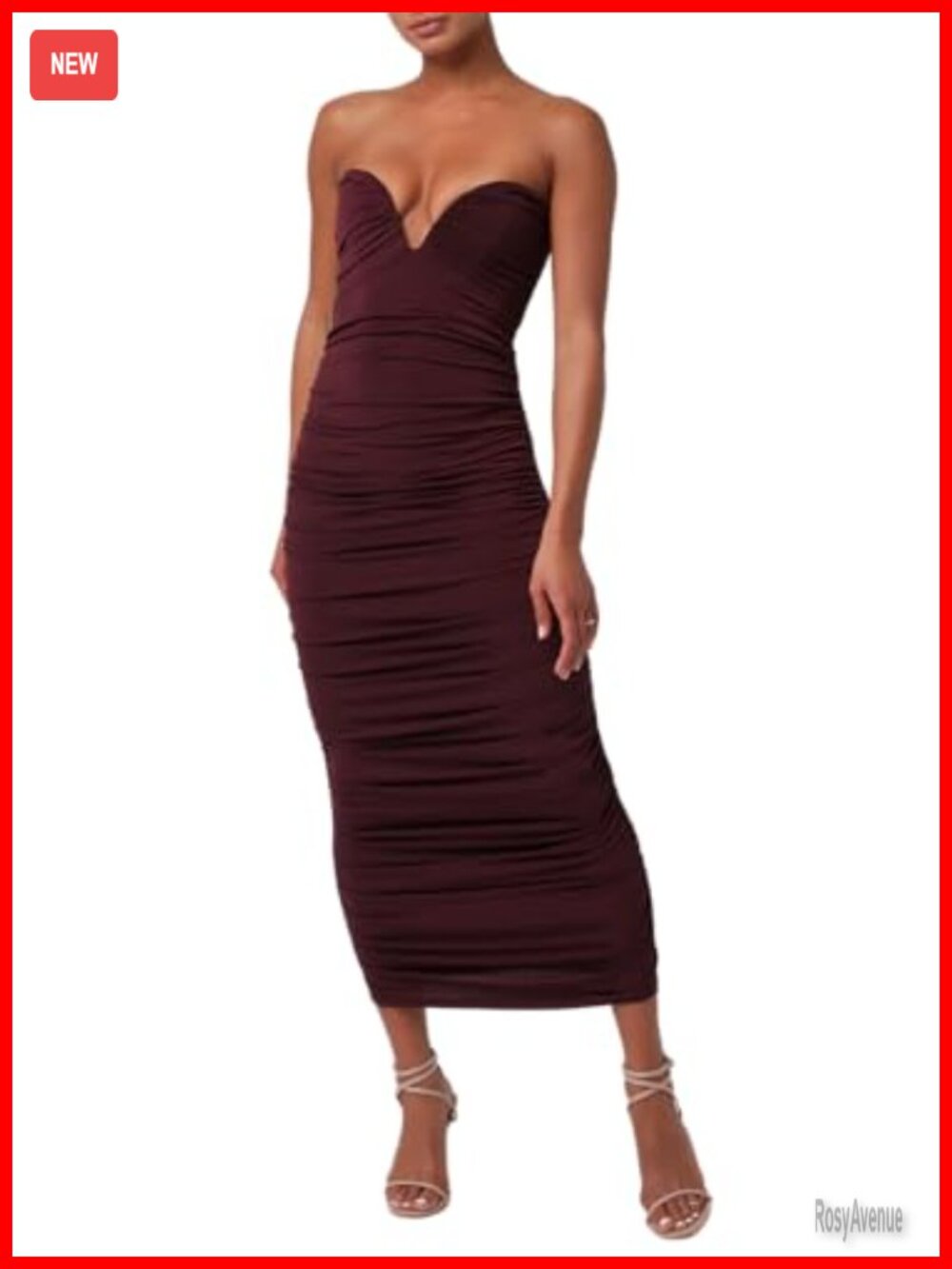 Strapless Mesh Bodycon Midi Dress Ruching Sweetheart Cocktail